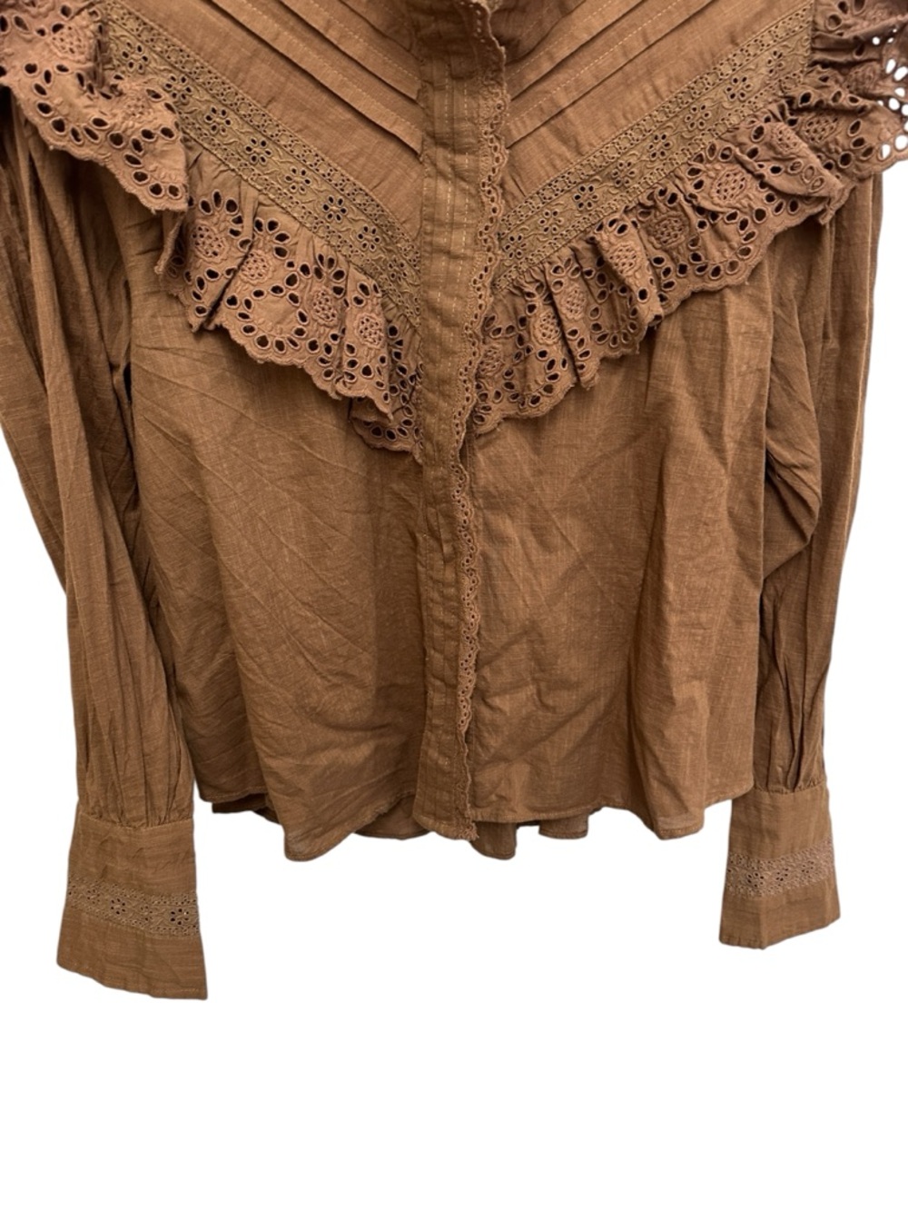Free People Hit The Road button down blouse in Coffee Date eyelet ruffle yoke - Picture 7 of 14